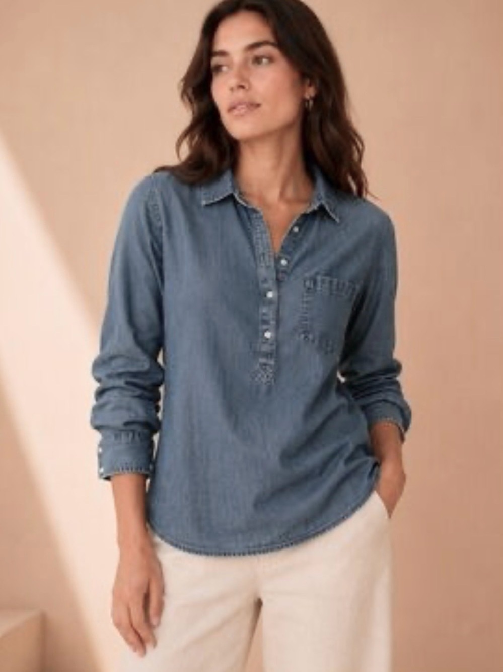 Merona Chambray Medium Blue Popover Denim shirt single pocket Size XL